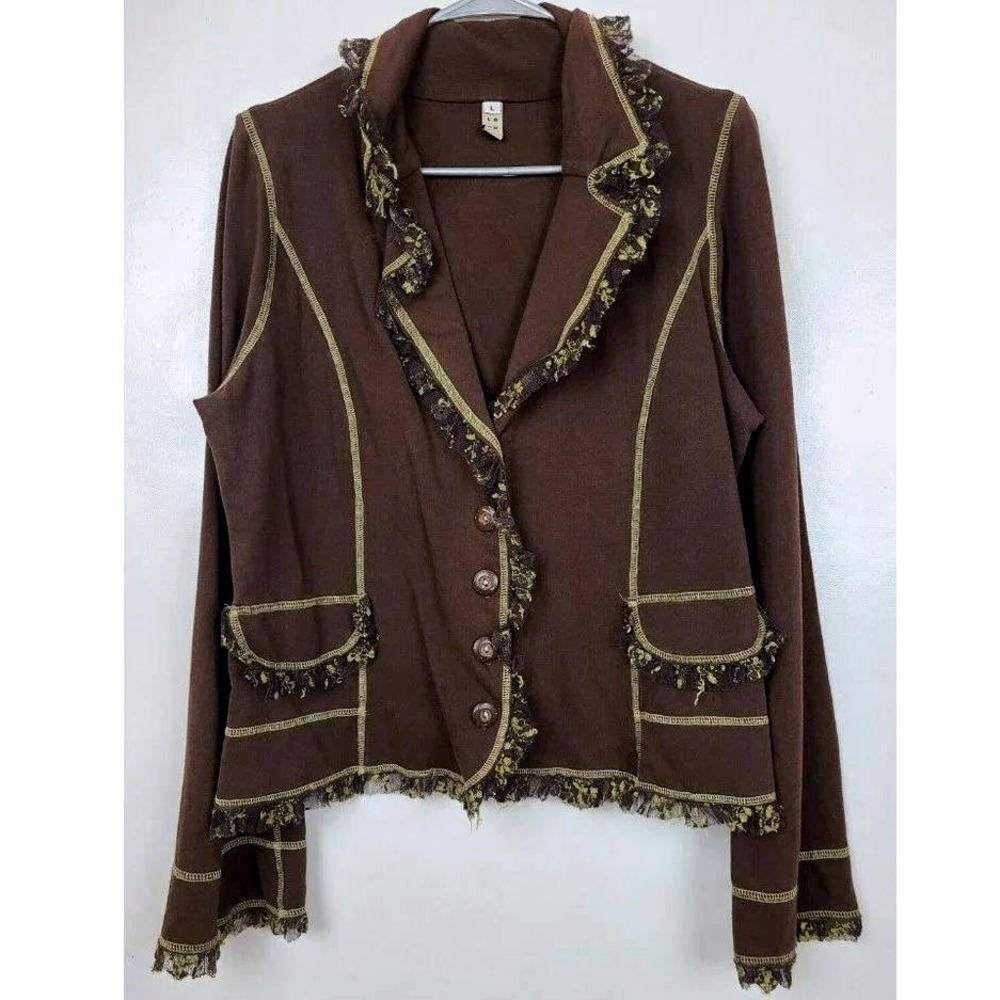 VTG Y2K LOOK Brown Ruffle Trim Blazer Jacket Womens Large Steampunk BOHO